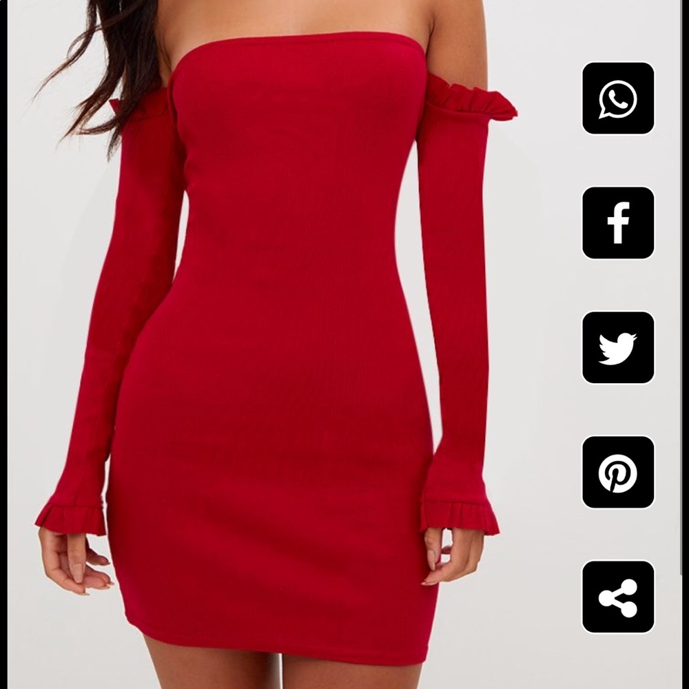Red Ribbed Frill Bardot Bodycon Dress